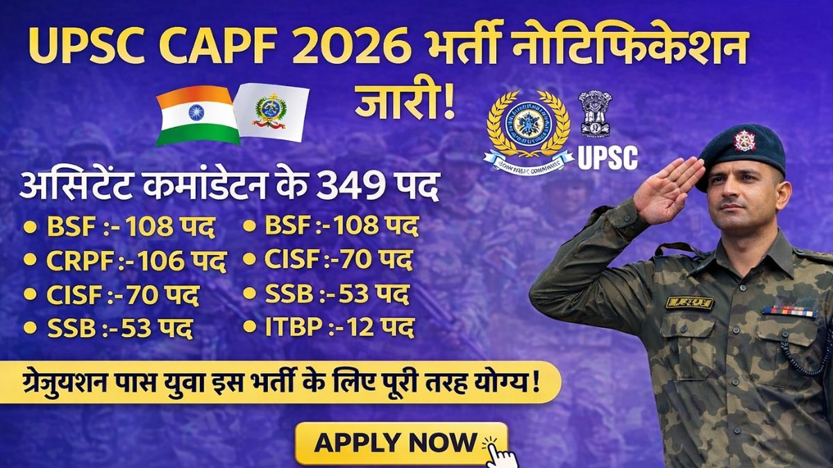 UPSC CAPF 2026 भर्ती नोटिफिकेशन – 349 असिस्टेंट कमांडेंट पदों के लिए आवेदन शुरू, BSF, CRPF, CISF, ITBP और SSB वैकेंसी विवरण