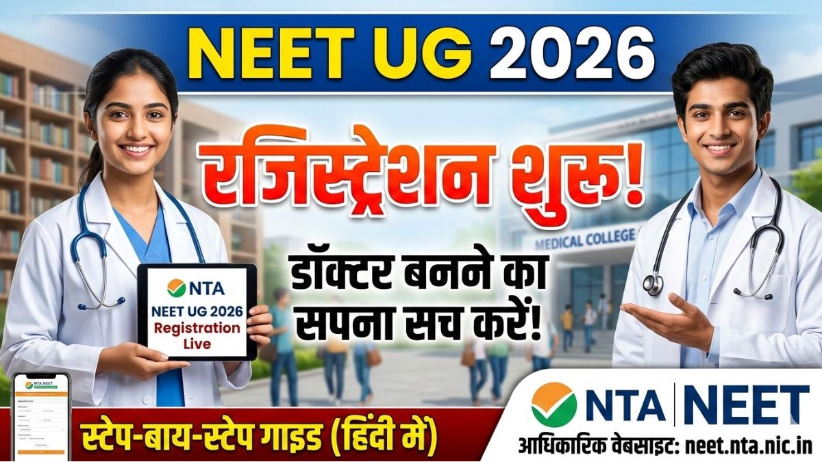 नीट यूजी 2026 रजिस्ट्रेशन शुरू होने की जानकारी देने वाला बैनर जिसमें "डॉक्टर बनने का सपना सच करें" लिखा है।