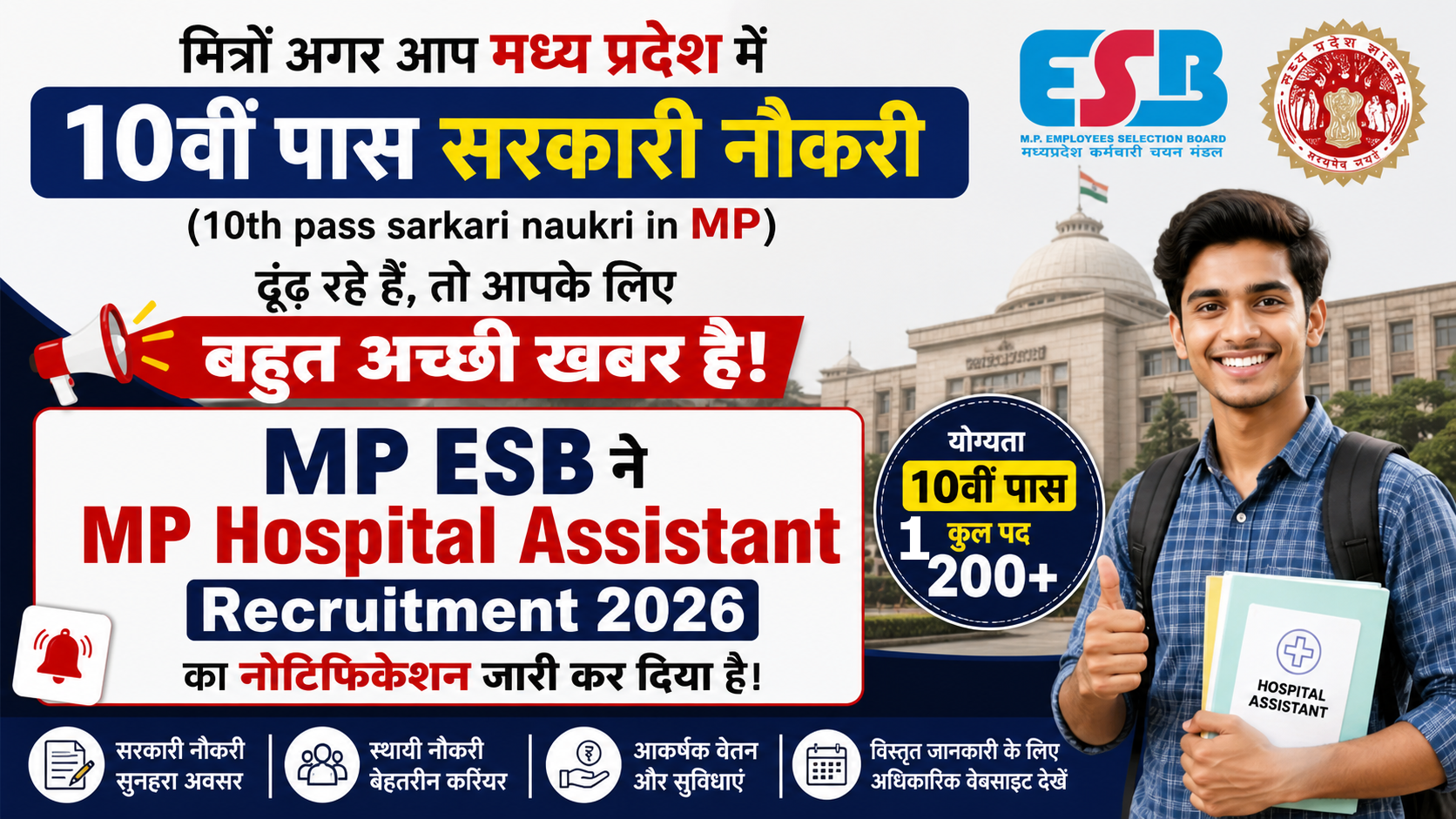 MP Hospital Assistant Vacancy 2026: 10th Pass Sarkari Naukri in MP (अस्पताल सहायक 1200 पद)